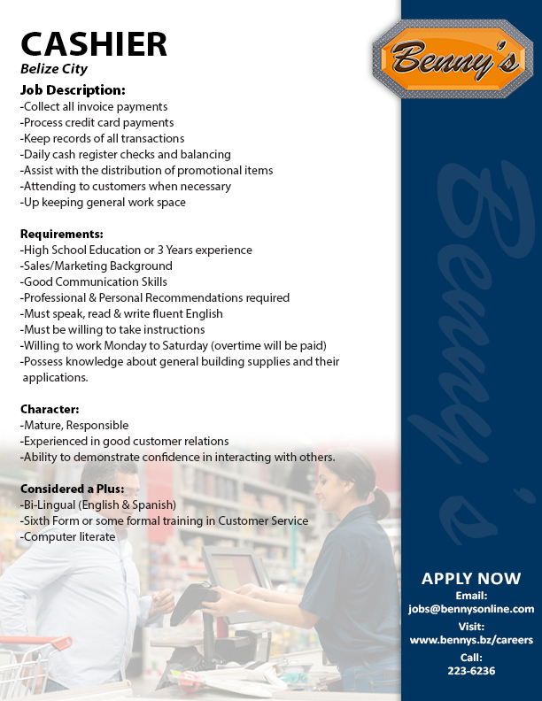 Web_Bennys_Cashier_Belize City Web_Bennys_Cashier_Belize City